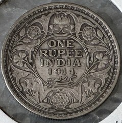 1914 BRITISH INDIA GEORGE V ONE RUPEE 0.90 Fine SILVER World COIN ASW=.3438