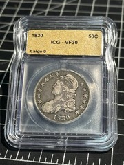 1830 Large 0 Capped Bust Half Dollar 50c ICG VF30
