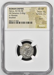 Roman Empire – Nerva – AD 96-98 – Silver Denarius – NGC Ch VF – RIC:44