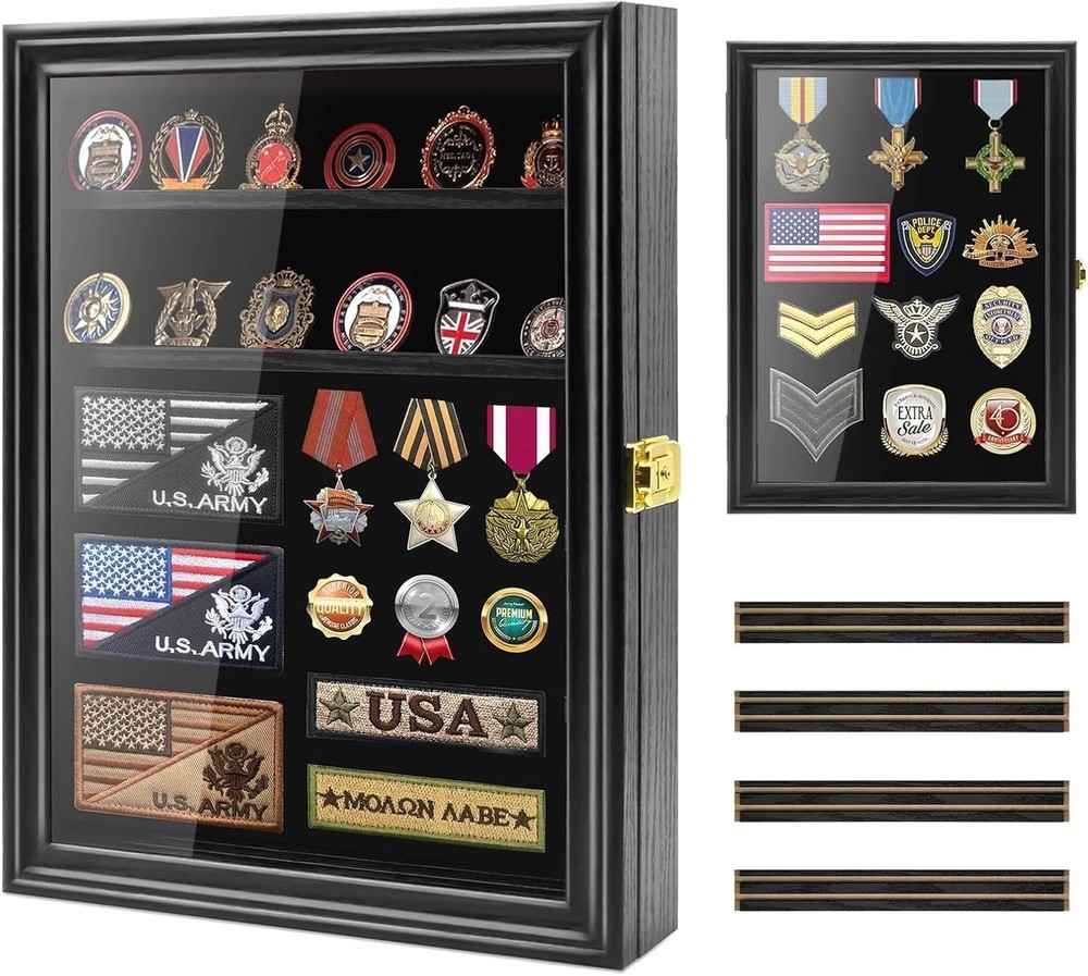 Challenge Coin Display Case Lockable Military Shadow Box with Removable Shelves