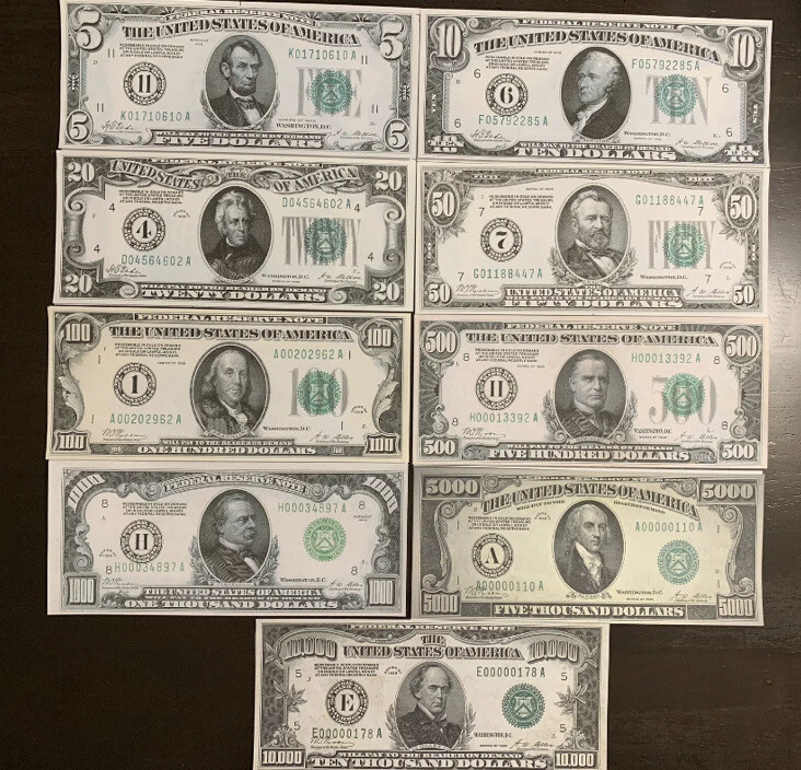 Reproduction 1928 Federal Reserve Note Set $5 -$10,000 Complete Set 9 Notes