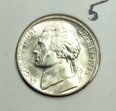 1945 P UNCIRCULATED JEFFERSON NICKEL CHOICE GEM BU 35% SILVER FULL STEP #5