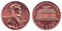 2001 P Lincoln Memorial Cent Copper Plated Zinc Penny ** ON HAND **