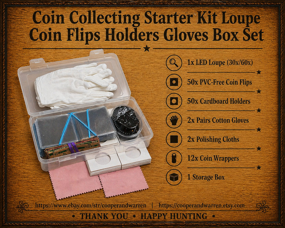 Coin Collecting Starter Kit Loupe Coin Flips Holders Gloves Box Set