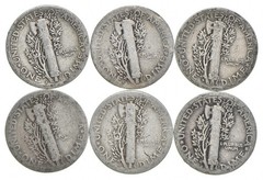 1917-S Mercury 90% Silver Dimes G-VG (Good – Very Good) Average Circulated