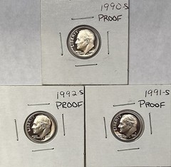 Three Proof Roosevelt Dimes – 1990-S, 1991-S & 1992-S – All Very Nice Coins