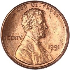1991 (P) Lincoln Memorial Cent BU Penny US Coin See Pics L774