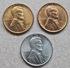1941, 1942, 1943. Lot of 3 UNC Philadelphia Mint Lincoln Wheat Cents