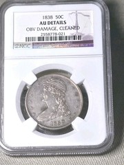 1838 CAPPED BUST REEDED HALF DOLLAR -NGC AU DETAILS OBV DAMAGE CLEANED