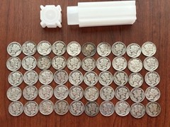 $5 FACE 90% SILVER MERCURY DIMES – 1 FULL ROLL (50 Coins) –Mixed Dates $5FV